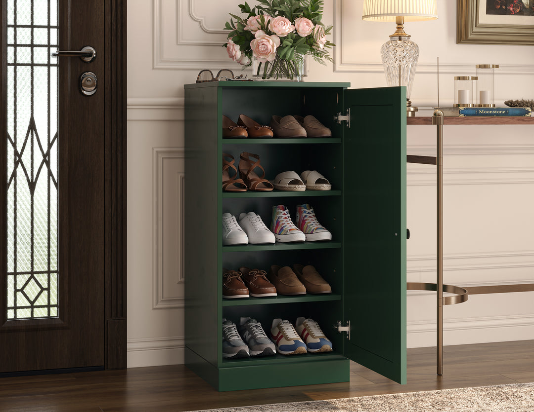 100% Solid Wood Narrow Shoe Storage Cabinet with Raised Panel Door, Adjustable Shelves, Space Saving Stackable Organizer, 16.5" W x 35.75" H