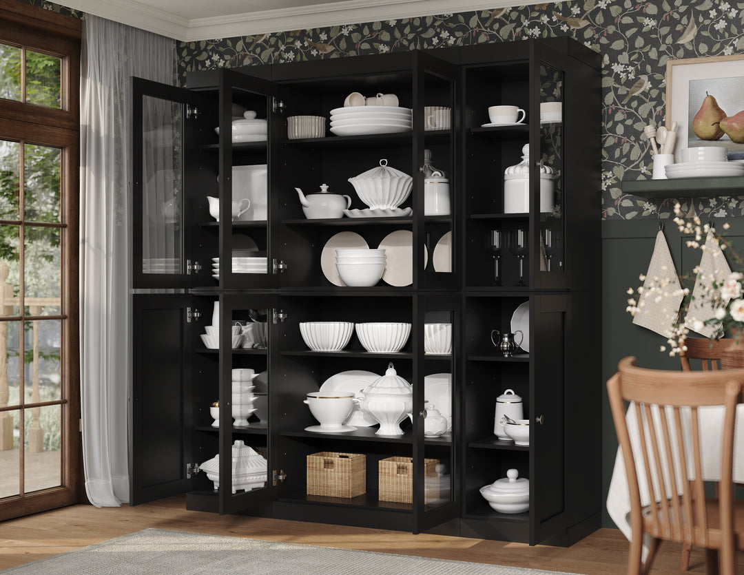 100% Solid Wood 65" China Pantry Cabinet, 6 Clear Glass, 2 Shaker Wood Doors