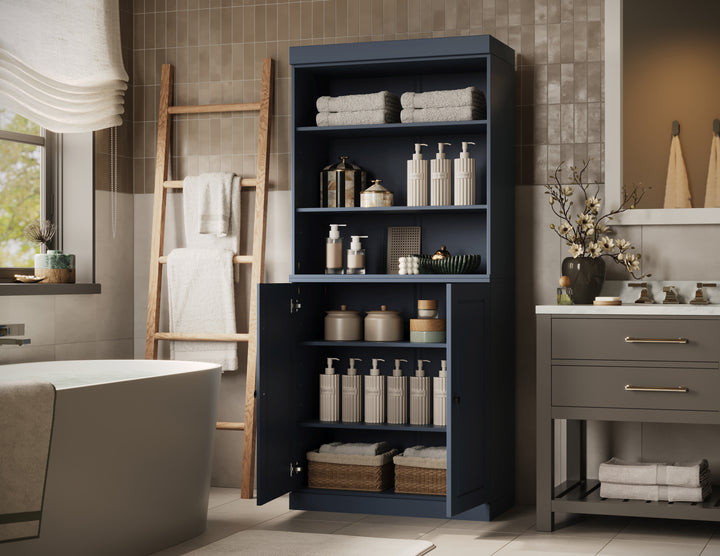 100% Solid Wood Tall Freestanding Modular Bathroom Linen Storage Cabinet with Open Shelf & Raised Panel Doors, Adjustable Shelves, 32" W x 71.5" H