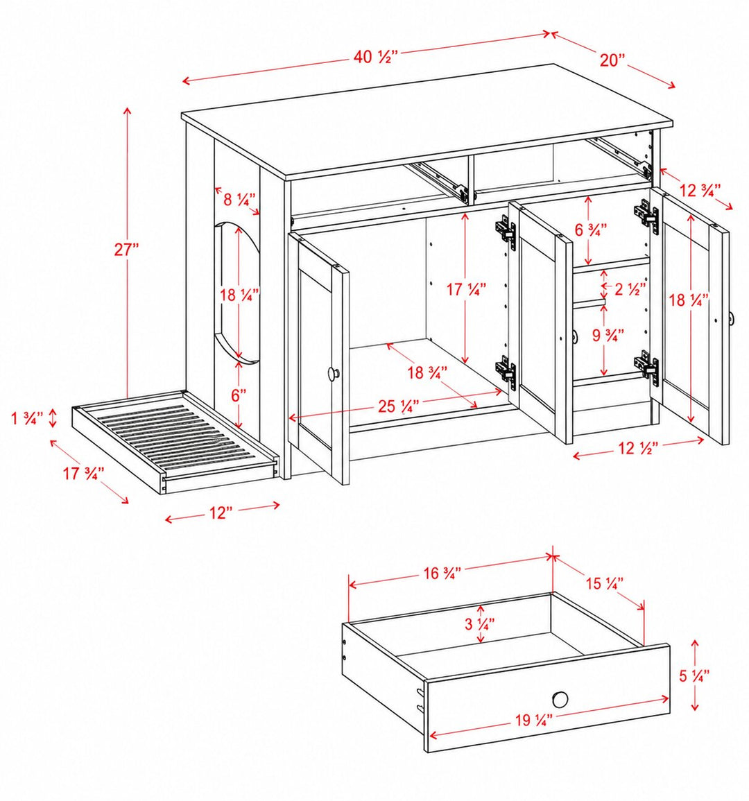 100% Solid Wood Ziva 3-Door Cat Litter Box Enclosure with Litter Catch