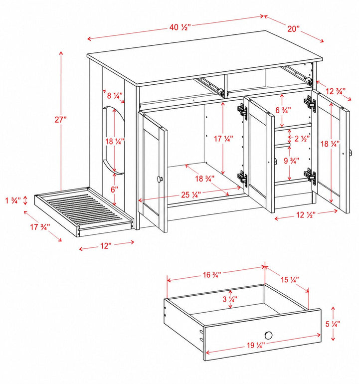 100% Solid Wood Ziva 3-Door Cat Litter Box Enclosure with Litter Catch