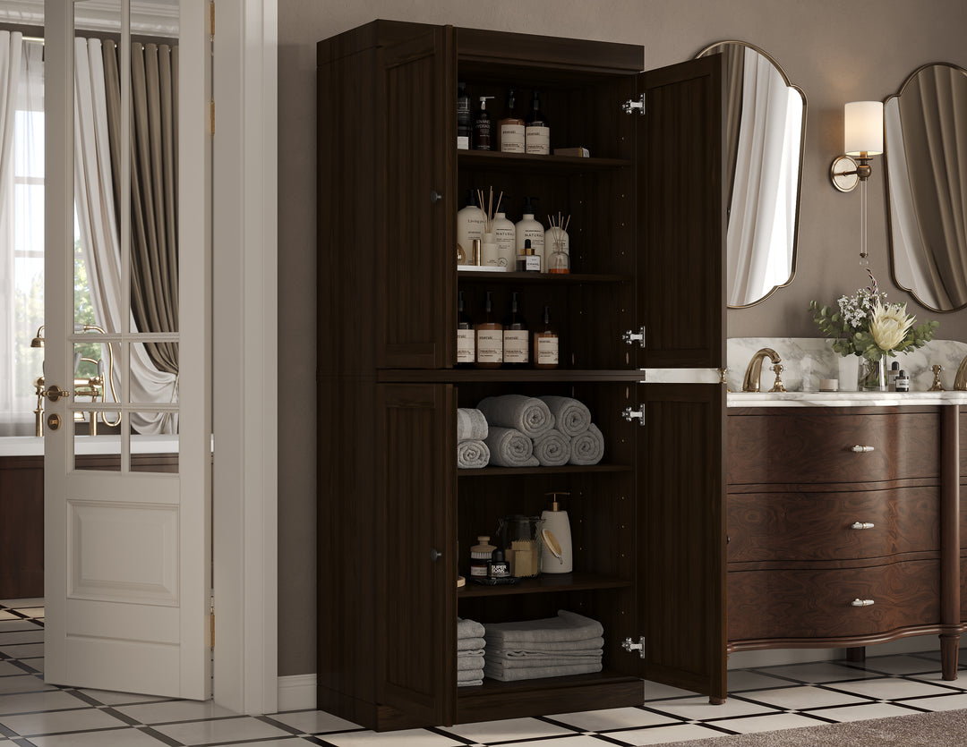 100% Solid Wood Tall Freestanding Modular Bathroom Linen Storage Cabinet for Laundry Room with Shaker Doors, Adjustable Shelves, 32" W x 71.5" H