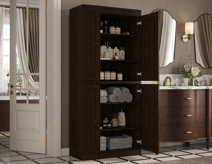 100% Solid Wood Tall Freestanding Modular Bathroom Linen Storage Cabinet for Laundry Room with Shaker Doors, Adjustable Shelves, 32" W x 71.5" H