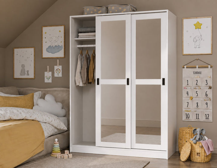 100% Solid Wood 3-Sliding Door Wardrobe Armoire with Mirrored Doors, Bedroom Closet Storage