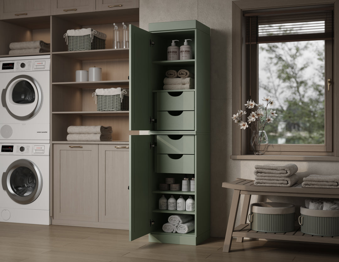 100% Solid Wood Bathroom Storage Cabinet, Raised Panel Doors, 4 Drawers, Adjustable Shelves, 16.5" Wide, 71.5" Tall