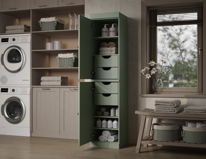 100% Solid Wood Bathroom Storage Cabinet, Raised Panel Doors, 4 Drawers, Adjustable Shelves, 16.5" Wide, 71.5" Tall