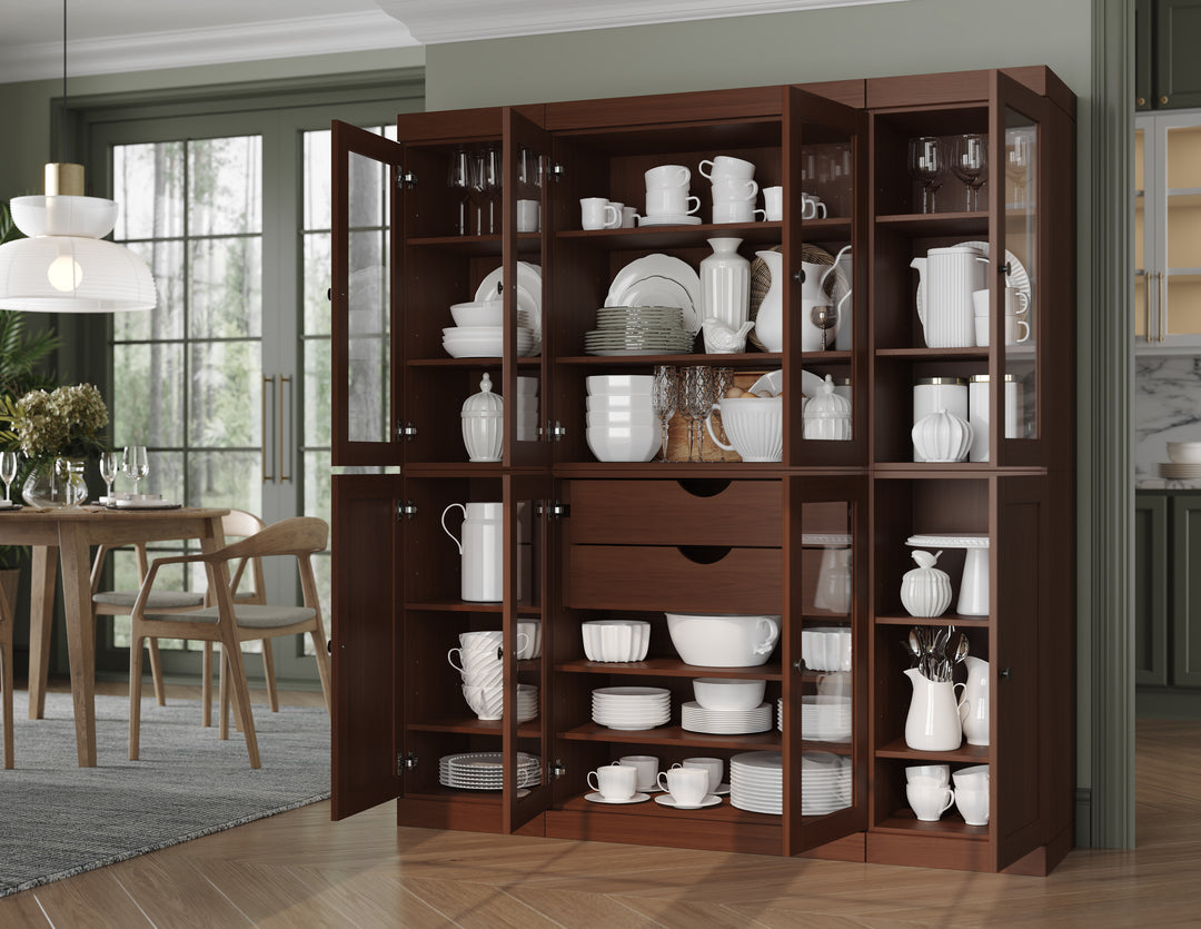 100% Solid Wood 65" China Pantry Cabinet, 6 Glass, 2 Shaker Wood Doors, 2 Drawers