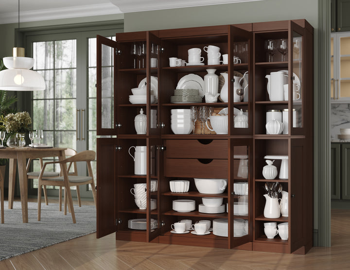 100% Solid Wood 65" China Pantry Cabinet, 6 Glass, 2 Shaker Wood Doors, 2 Drawers