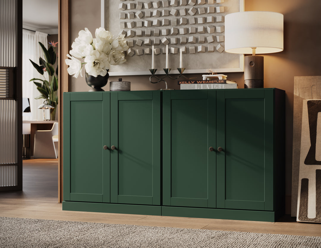 100% Solid Brazilian Pine Wood Sideboard, Shaker Doors, Adjustable Shelves, 64" Wide, 35.75" Tall