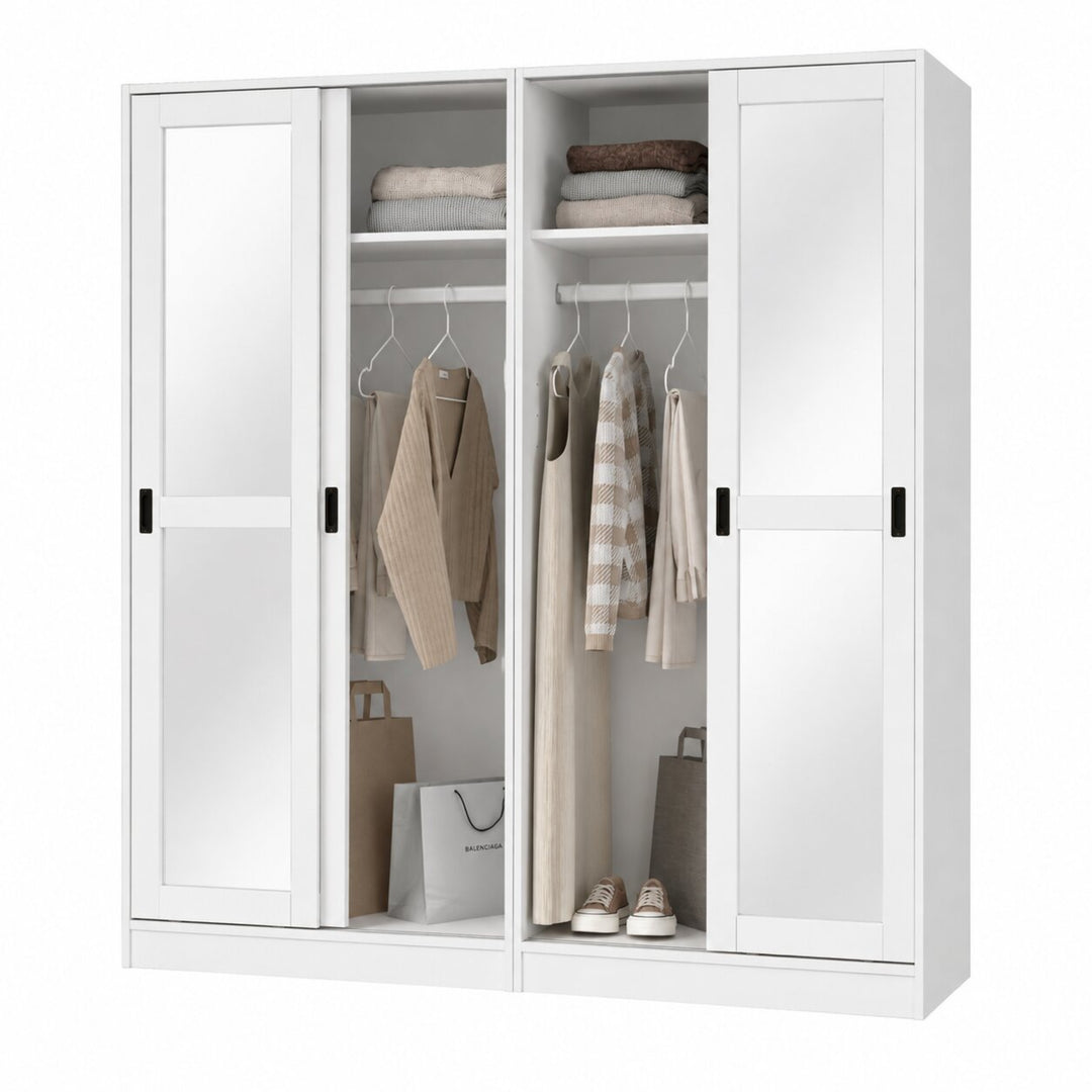 100% Solid Wood 4-Sliding Wardrobe with Mirrored Doors