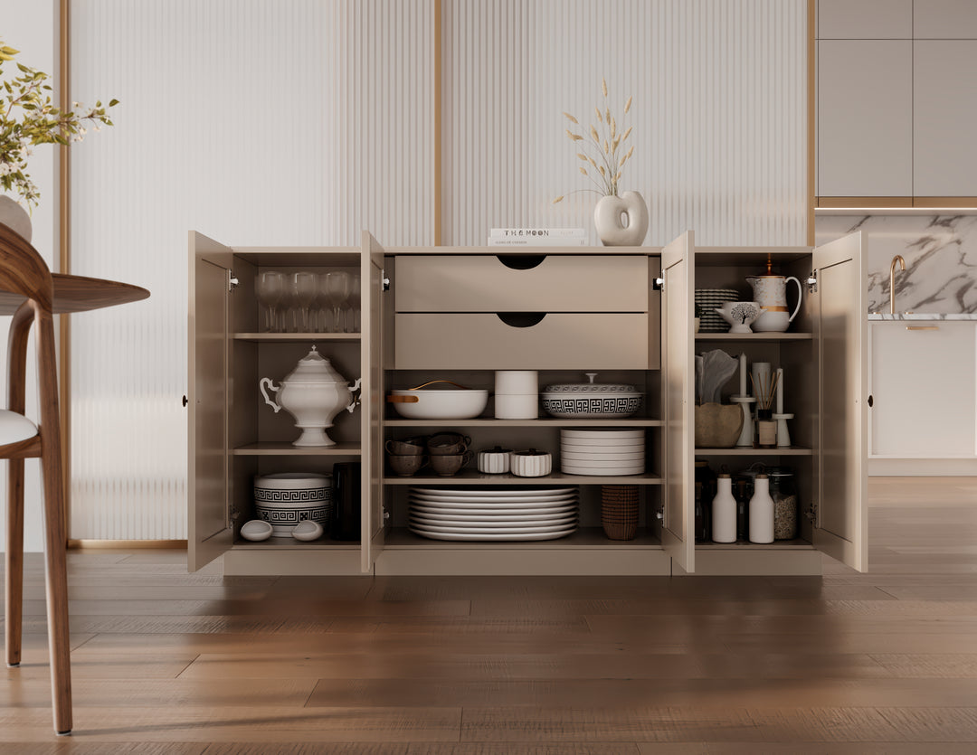 100% Solid Brazilian Pine Wood Sideboard, Shaker Doors, 2 Drawers, Adjustable Shelves, 65" Wide, 35.75" Tall