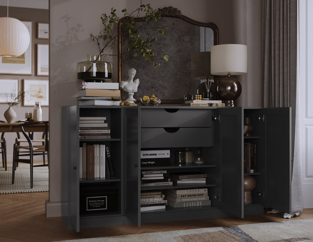 100% Solid Brazilian Pine Wood Sideboard, Shaker Doors, 2 Drawers, Adjustable Shelves, 65" Wide, 35.75" Tall