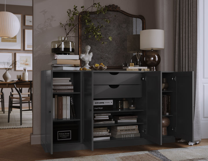 100% Solid Brazilian Pine Wood Sideboard, Shaker Doors, 2 Drawers, Adjustable Shelves, 65" Wide, 35.75" Tall