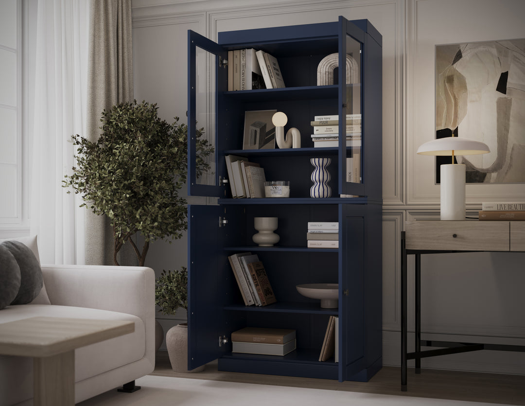 100% Solid Wood 6-Shelf 32" Bookcase, 2 Glass Doors, 2 Raised Panel Doors, Adjustable Shelves