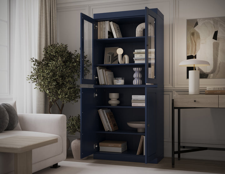 100% Solid Wood 6-Shelf 32" Bookcase, 2 Glass Doors, 2 Raised Panel Doors, Adjustable Shelves