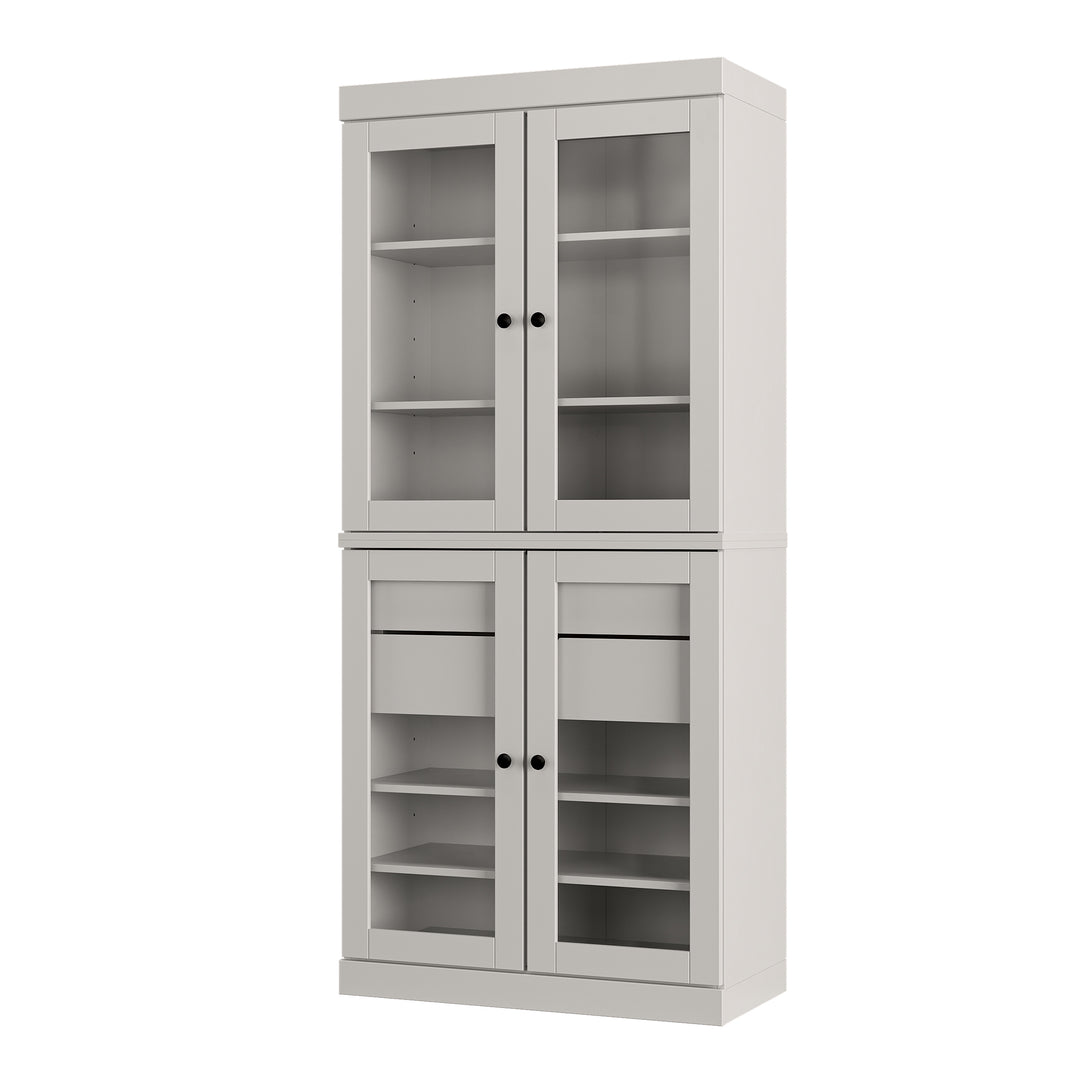 100% Solid Wood Tall Freestanding Modular Bathroom Linen Storage Cabinet with Glass Doors, 2 Drawers, Adjustable Shelves, 32" W x 71.5" H