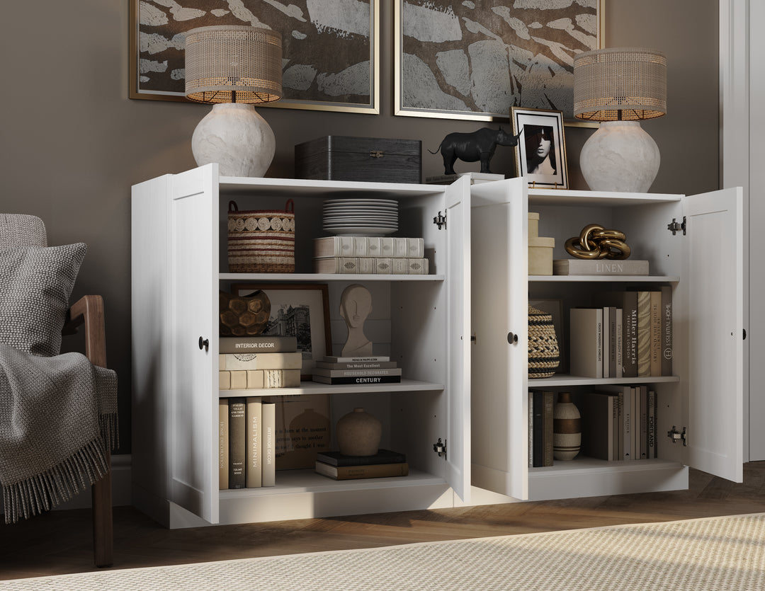 100% Solid Brazilian Pine Wood Sideboard, Shaker Doors, Adjustable Shelves, 64" Wide, 35.75" Tall