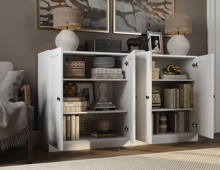 100% Solid Brazilian Pine Wood Sideboard, Shaker Doors, Adjustable Shelves, 64" Wide, 35.75" Tall