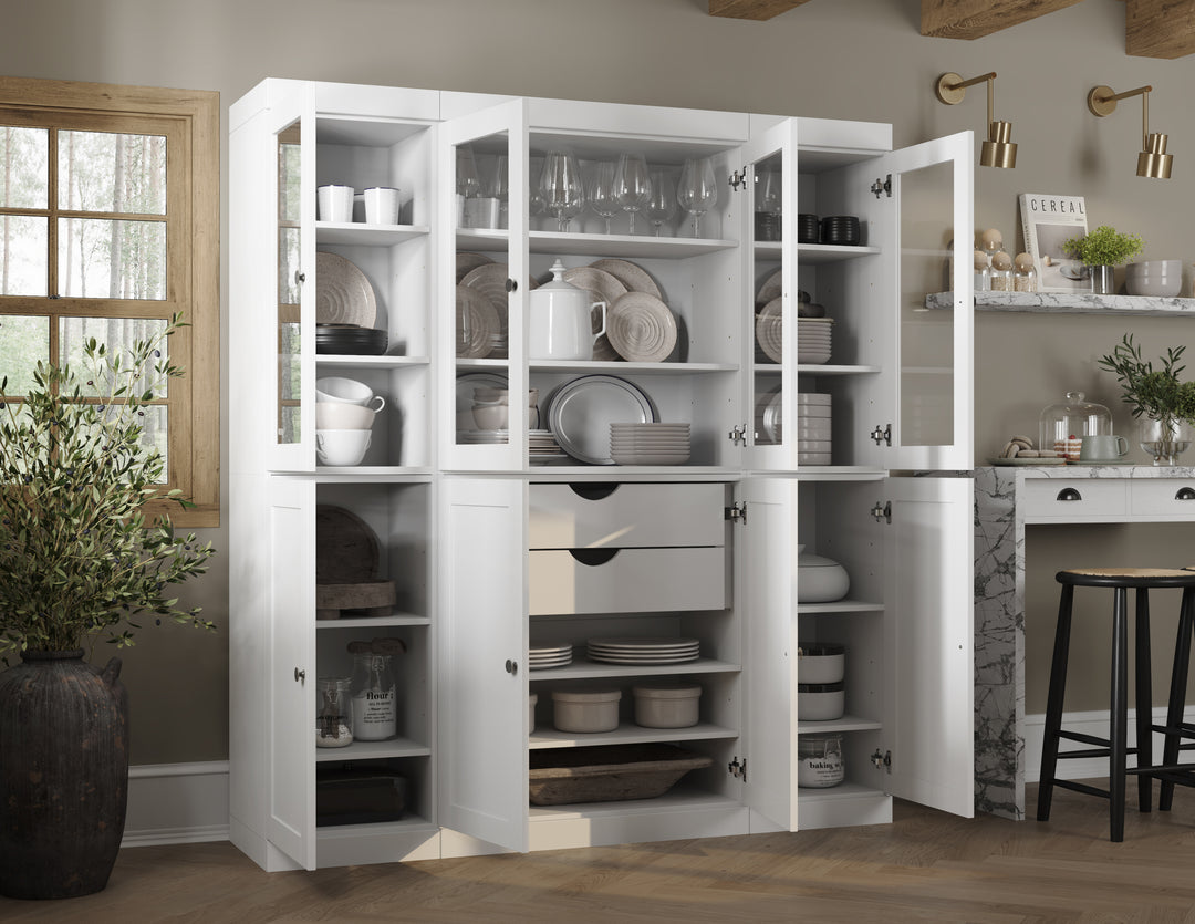 100% Solid Wood 65" China Pantry Cabinet, 4 Glass, 4 Shaker Wood Doors, 2-Drawers