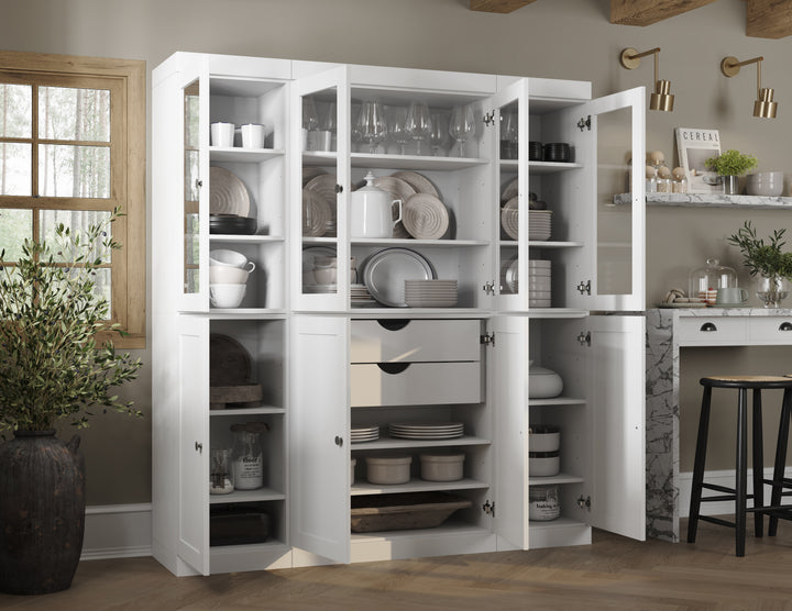 100% Solid Wood 65" China Pantry Cabinet, 4 Glass, 4 Shaker Wood Doors, 2-Drawers