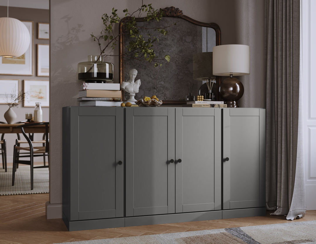 100% Solid Brazilian Pine Wood Sideboard, Shaker Doors, 2 Drawers, Adjustable Shelves, 65" Wide, 35.75" Tall