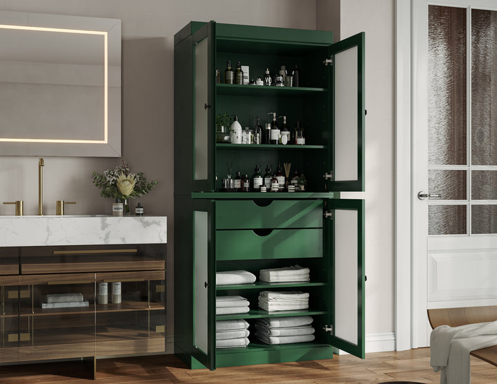 100% Solid Wood Tall Freestanding Modular Bathroom Linen Storage Cabinet with Frosted Glass Doors, 2 Drawers, Adjustable Shelves, 32" W x 71.5" H