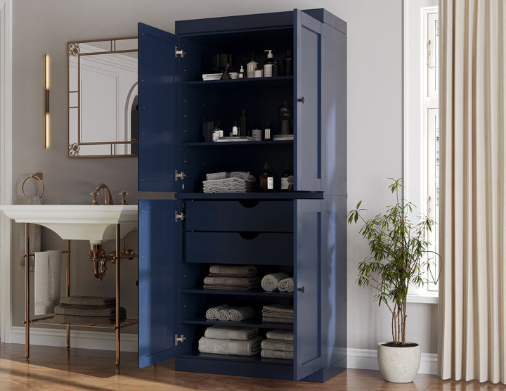 100% Solid Brazilian Pine Wood Bathroom Storage Cabinet, Shaker Doors, 2 Drawers, Adjustable Shelves, 32" Wide, 71.5" Tall