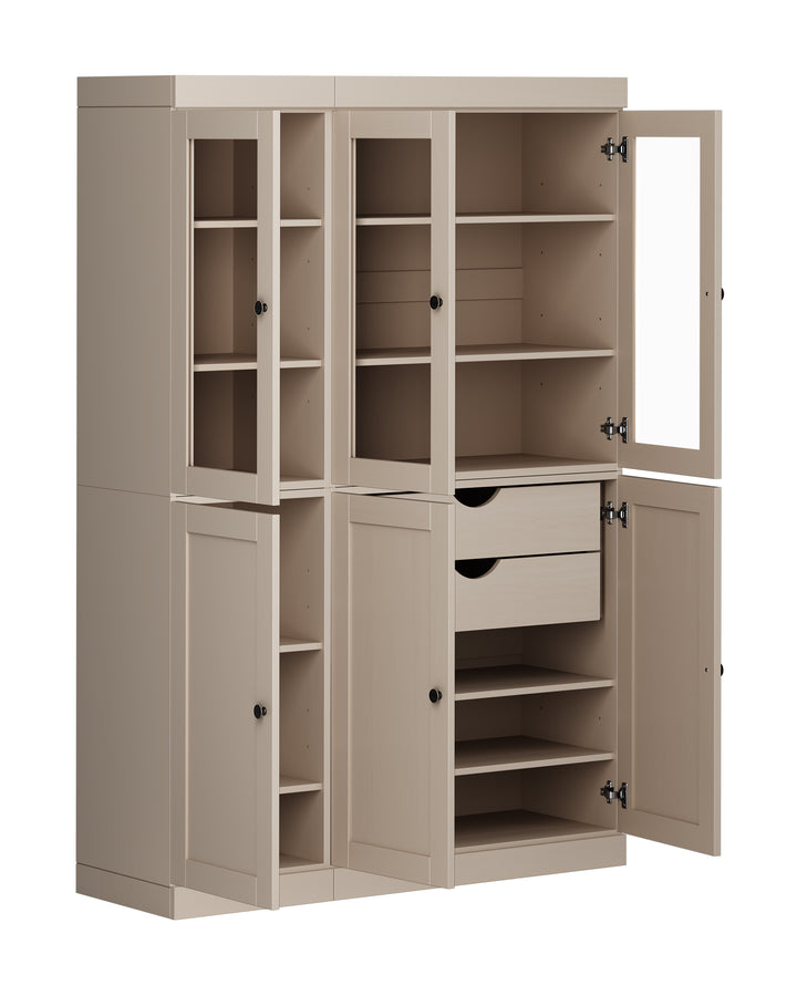 100% Solid Wood 48.5" Pantry China Cabinet, 3 Glass Doors, 3 Shaker Doors, 2-Drawers