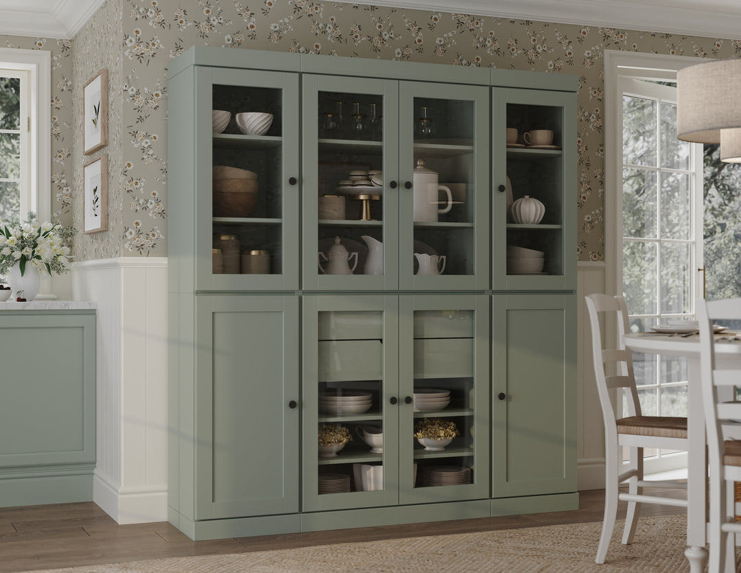 100% Solid Wood 65" China Pantry Cabinet, 6 Glass, 2 Shaker Wood Doors, 2 Drawers