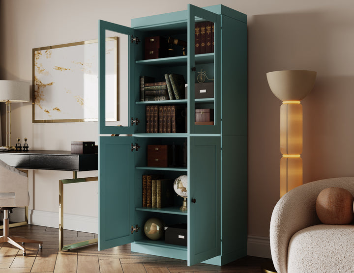 100% Solid Wood 6-Shelf 32" Bookcase, 2 Glass Doors, 2 Shaker Wood Doors, Adjustable Shelves