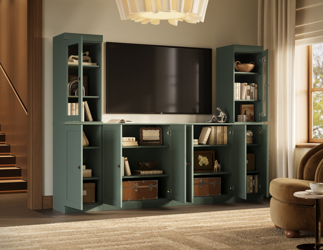 100% Solid Wood 6-Piece Entertainment Center Wall Unit with Storage, Glass & Shaker Doors, Adjustable Shelves, 97" W x 71.5" H