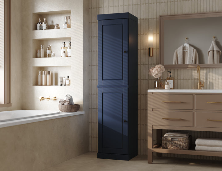 100% Solid Wood Bathroom Storage Cabinet, Raised Panel Doors, 2 Drawers, Adjustable Shelves, 16.5" Wide, 71.5" Tall