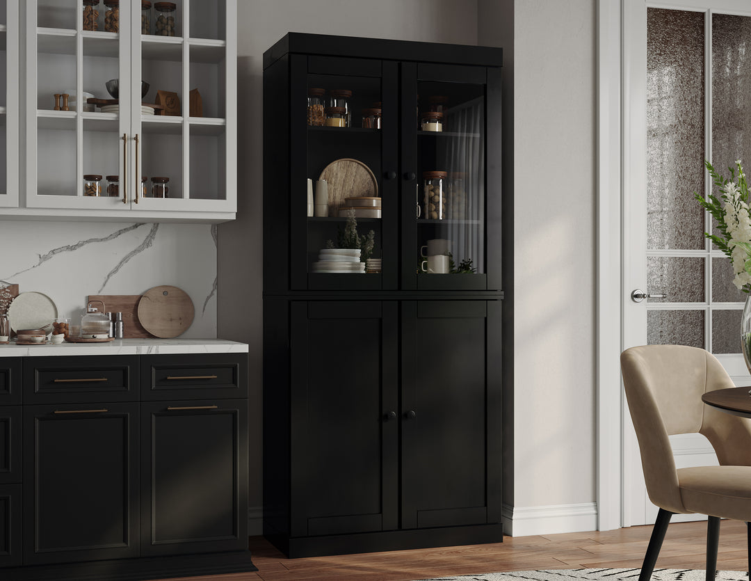 100% Solid Brazilian Pine Wood Pantry Cabinet, Shaker & Clear Glass Doors, 2 Drawers, Adjustable Shelves, 32" Wide, 71.5" Tall