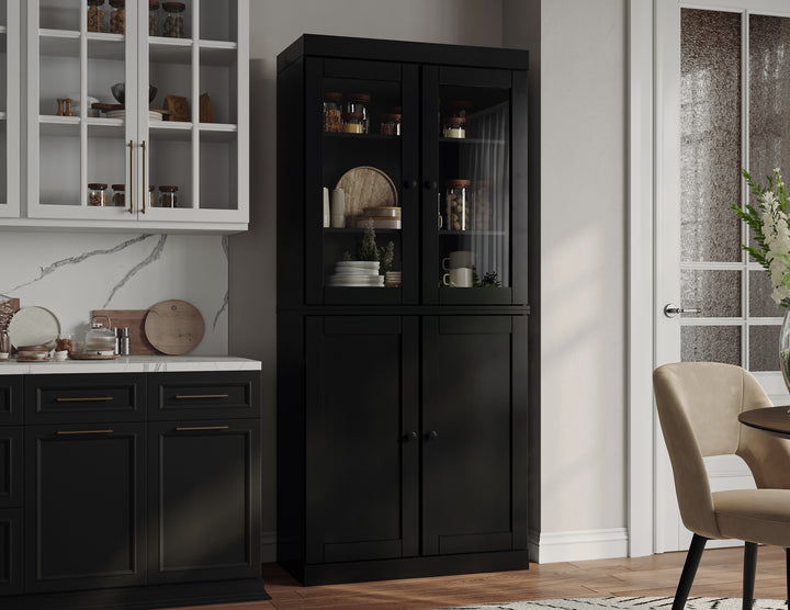 100% Solid Brazilian Pine Wood Pantry Cabinet, Shaker & Clear Glass Doors, 2 Drawers, Adjustable Shelves, 32" Wide, 71.5" Tall