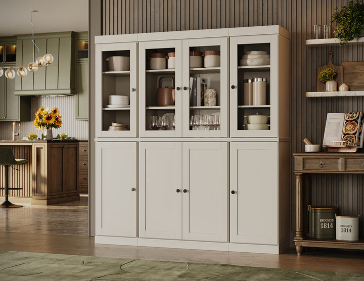 100% Solid Wood Kitchen Pantry Cabinet, Tall Freestanding Modular Storage with Glass & Shaker Doors & 2 Drawers, Adjustable Shelves, 65" W x 71.5" H