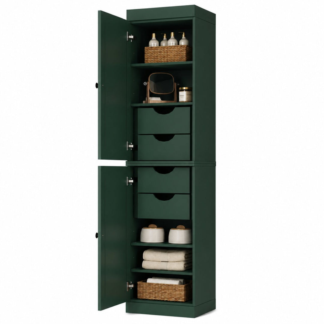 100% Solid Wood Bathroom Storage Cabinet, Raised Panel Doors, 4 Drawers, Adjustable Shelves, 16.5" Wide, 71.5" Tall