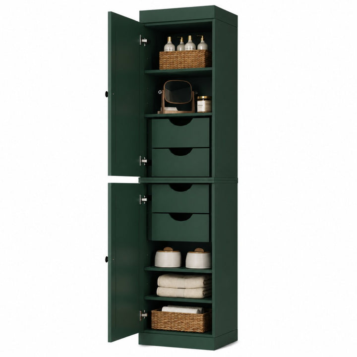 100% Solid Wood Bathroom Storage Cabinet, Raised Panel Doors, 4 Drawers, Adjustable Shelves, 16.5" Wide, 71.5" Tall