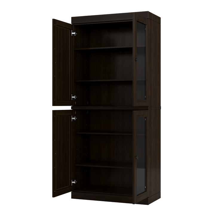 100% Solid Wood Tall Modular Bookcase Cabinet with Glass Doors, Storage Display Bookshelf with Adjustable Shelves, 32" W x 71.5" H