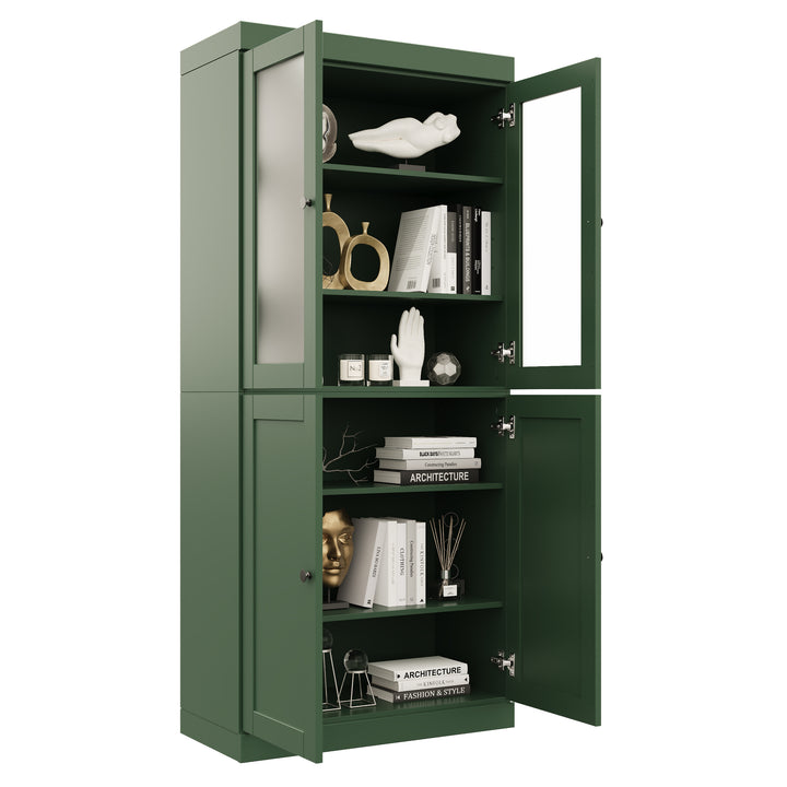 100% Solid Wood 6-Shelf 32" Bookcase, 2 Frosted Glass, 2 Shaker Wood Doors, Adjustable Shelves