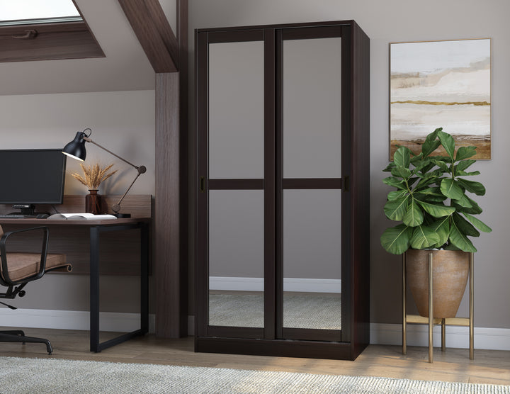 100% Solid Brazilian Pine Wood 2-Sliding Wardrobe with Mirrored Doors, 30-40" Wardrobes - Palace Imports