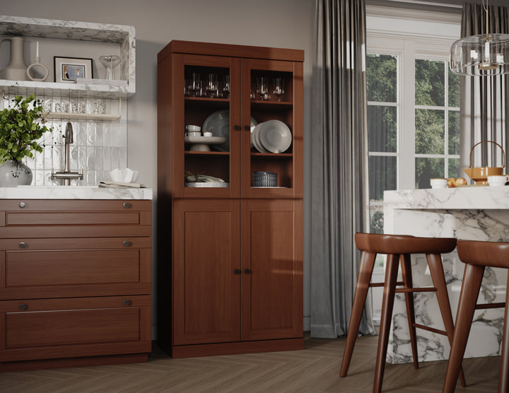 100% Solid Wood 32" Pantry Cabinet, 2 Clear Glass, 2 Shaker Wood Doors