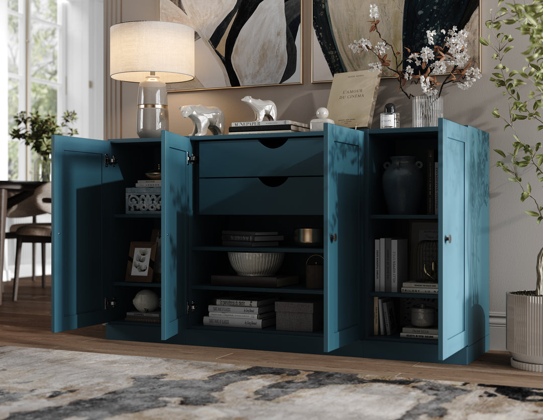 100% Solid Brazilian Pine Wood Sideboard, Shaker Doors, 2 Drawers, Adjustable Shelves, 65" Wide, 35.75" Tall