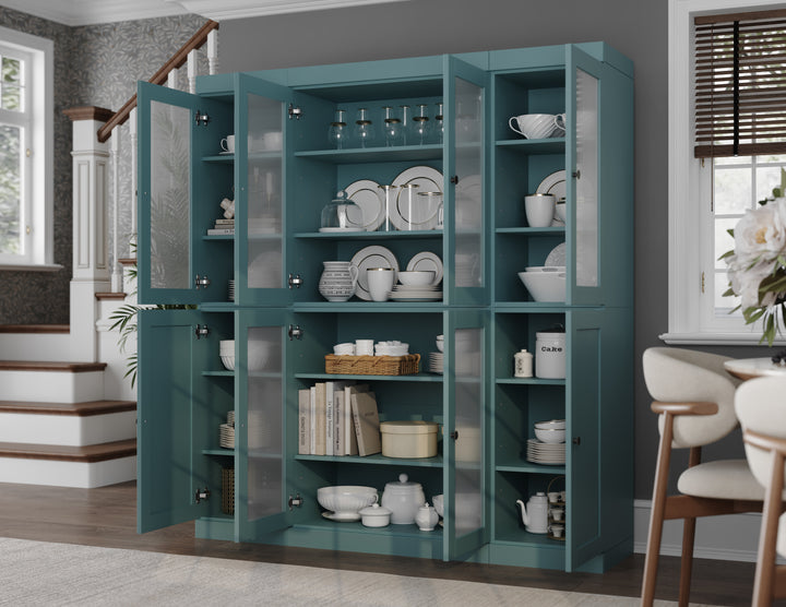 100% Solid Brazilian Pine Wood 65" Pantry Cabinet with Frosted Glass, Shaker Doors and Adjustable Shelves