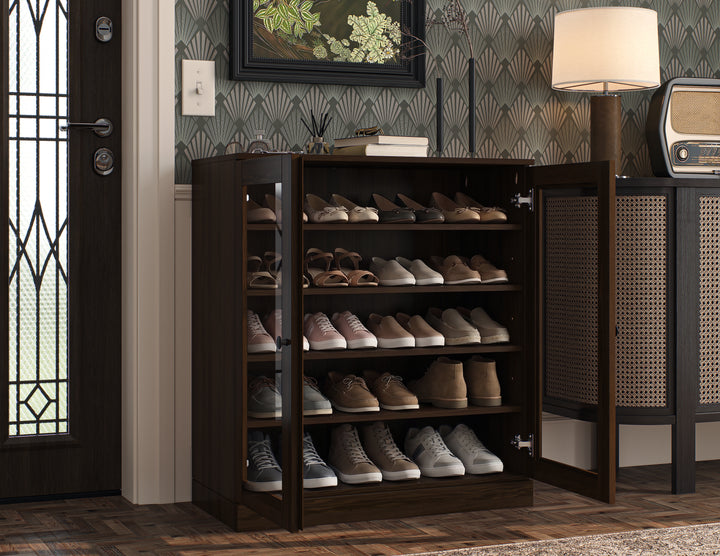 100% Solid Wood Glass Door Shoe Storage Cabinet with Adjustable Shelves, Space Saving Stackable Entryway Organizer, 32" W x 35.75" H