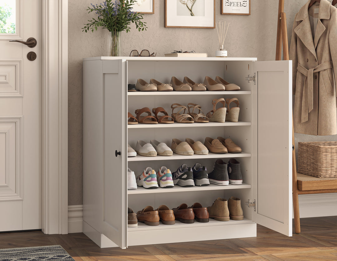 100% Solid Wood Shoe Storage Cabinet with Shaker Doors, Adjustable Shelves, Space Saving Stackable Entryway Organizer, 32" W x 35.75" H