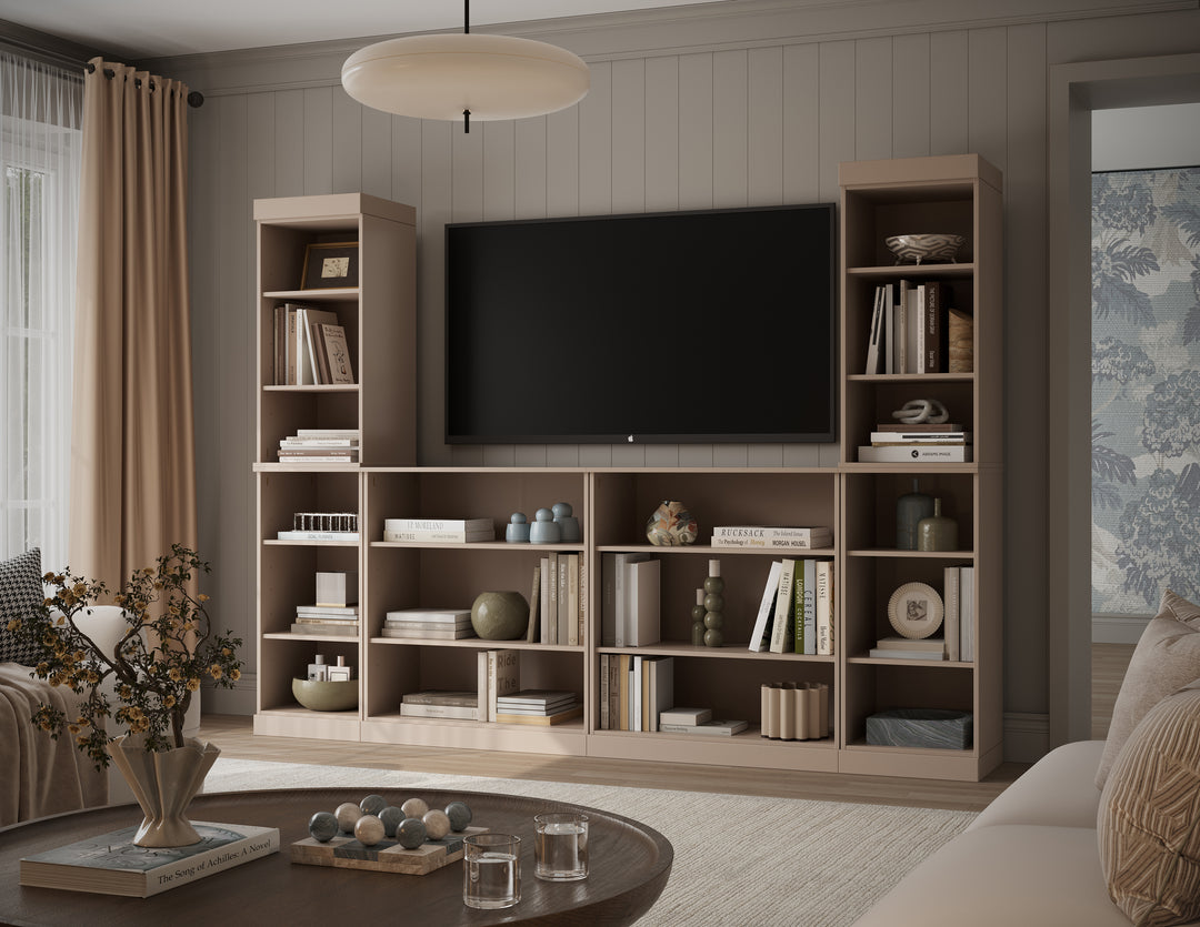 100% Solid Wood 6-Piece Entertainment Center Wall Unit with Storage, Open Cabinets, Adjustable Shelves, 97" W x 71.5" H