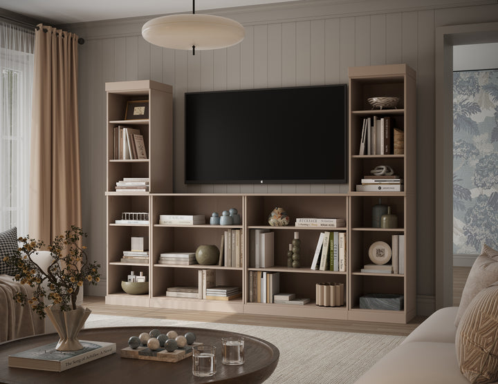 100% Solid Wood 6-Piece Entertainment Center Wall Unit with Storage, Open Cabinets, Adjustable Shelves, 97" W x 71.5" H