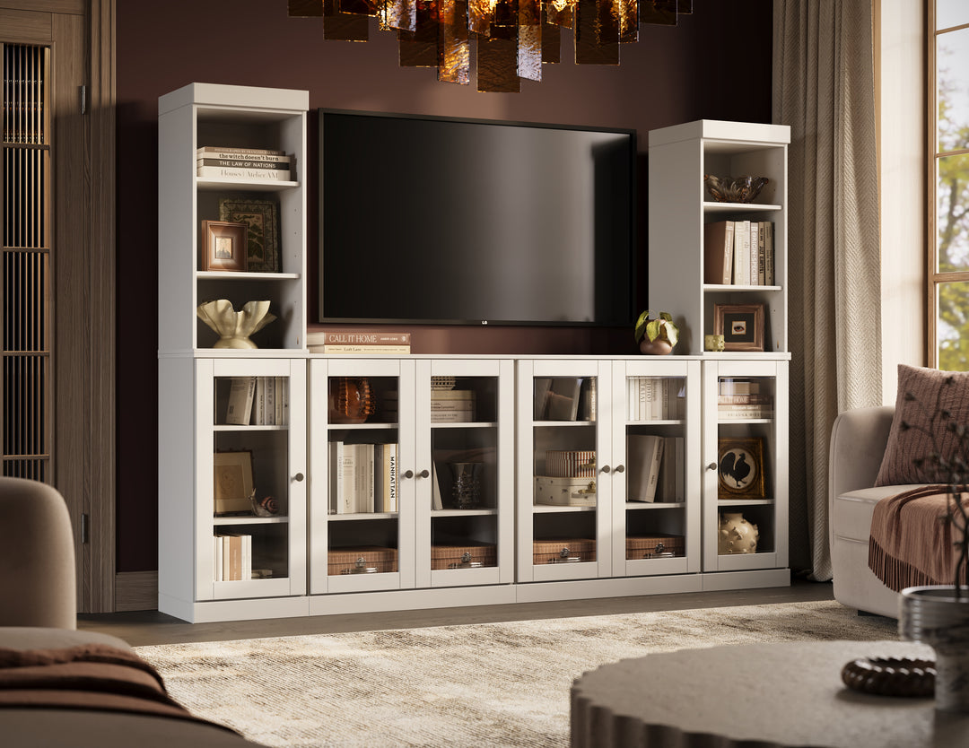 100% Solid Wood 6-Piece Entertainment Center Wall Unit with Storage, Open Cabinets & Glass Doors, Adjustable Shelves, 97" W x 71.5" H