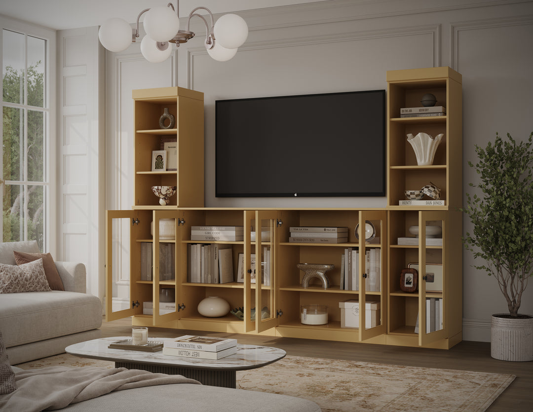 100% Solid Wood 6-Piece Entertainment Center Wall Unit with Storage, Open Cabinets & Glass Doors, Adjustable Shelves, 97" W x 71.5" H