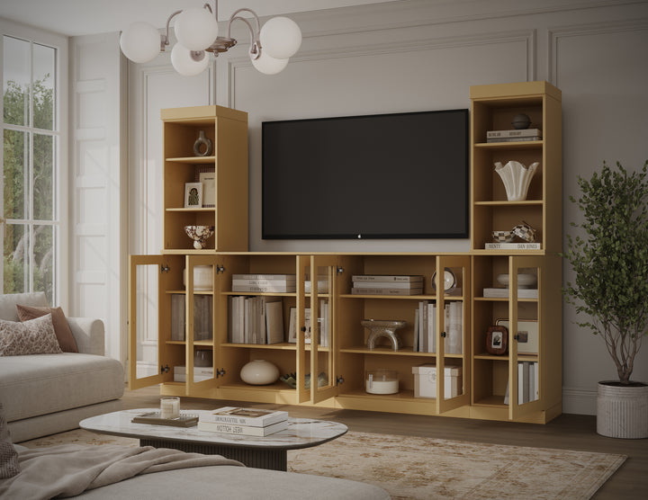 100% Solid Wood 6-Piece Entertainment Center Wall Unit with Storage, Open Cabinets & Glass Doors, Adjustable Shelves, 97" W x 71.5" H